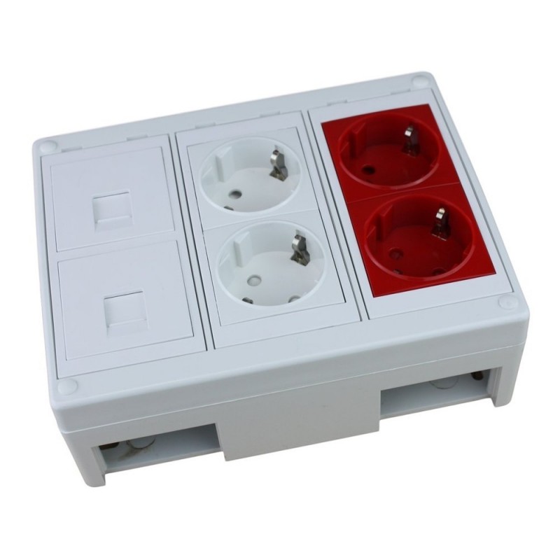 Caja de superficie  2 X Rj45 Keystone con 2 x Schuko blanco y 2 x Schuko rojo