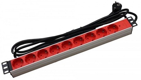 Regleta rack 19" 16A 9x tomas schuko rojas sin interruptor